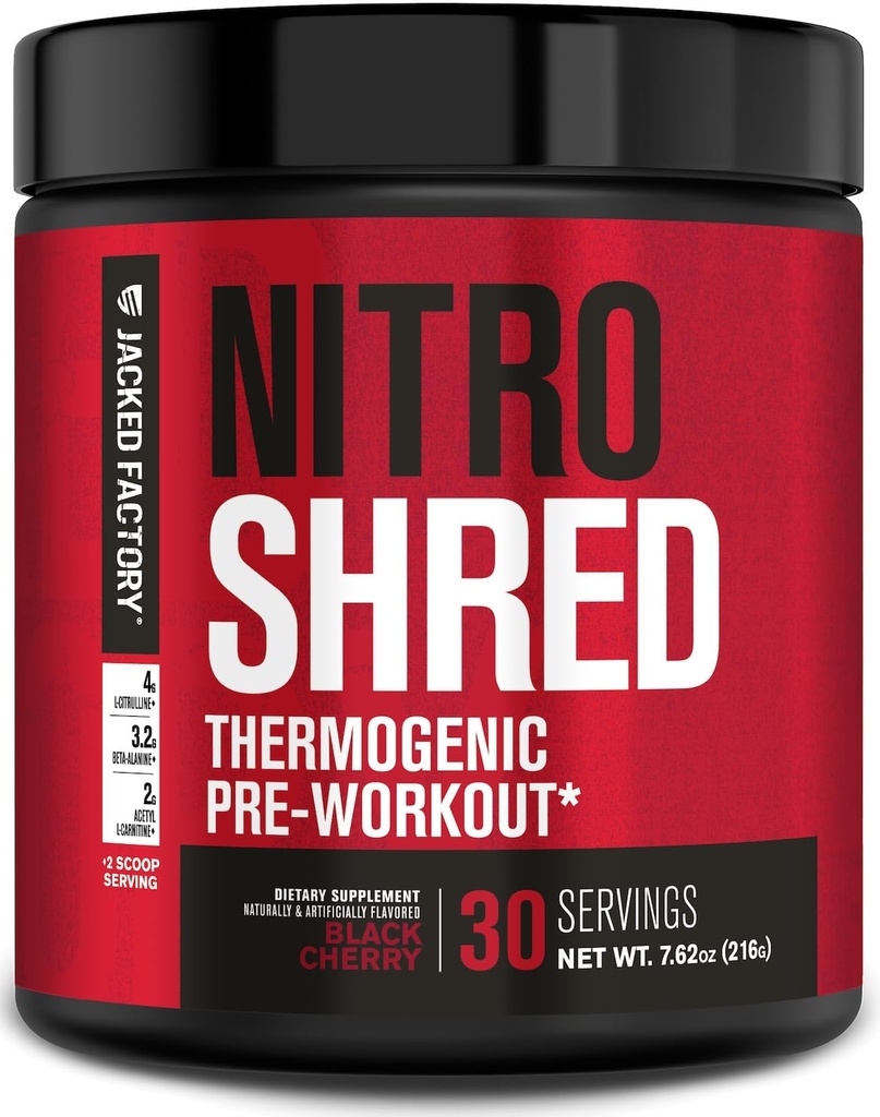 Jacked Factory NITROSURGE Shred Pre Workout Supplement - Energy Booster, Instant Strength Gains, Sharp Focus, Powerful Pumps - Nitric Oxide Booster & PreWorkout Powder - 30Sv, Black Cherry