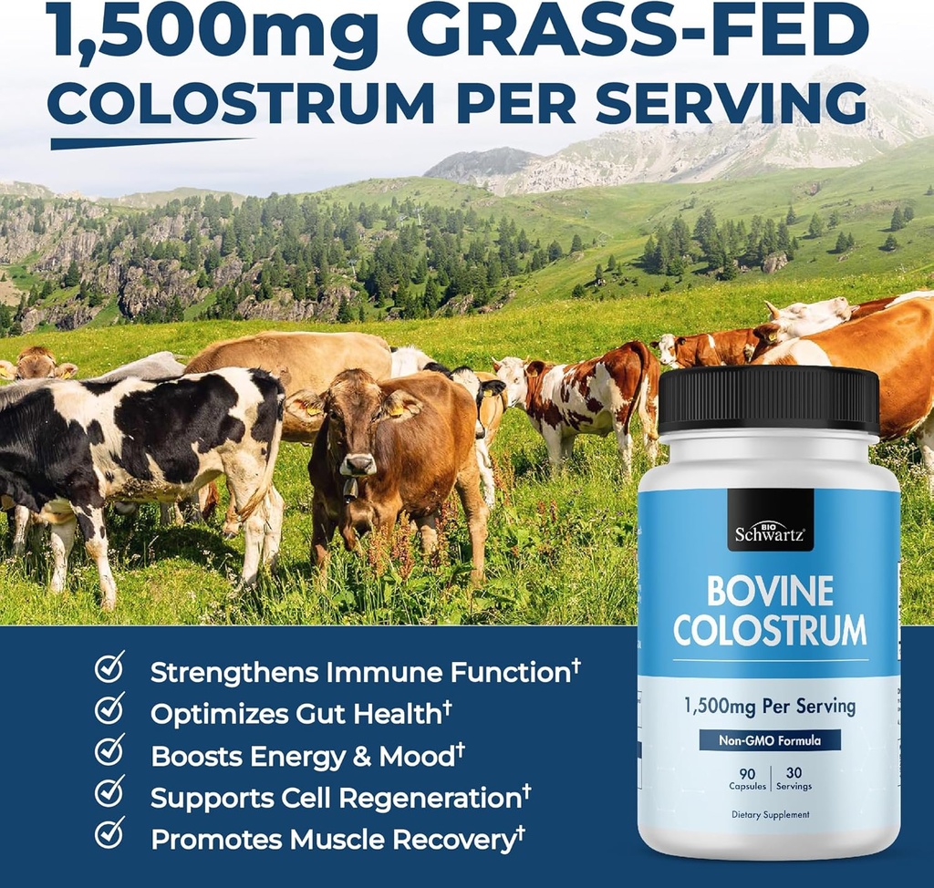 Supplément de colostrum Extra Strength 1500mg par portion - Gélules de colostrum à l'herbe de Bovine First Milking, soutient la santé et l'immunité des femmes et des hommes - Non-OGM, sans gluten, 90 Compte