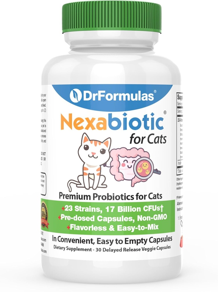 DrFormulas Probiotiques Nexabiotiques pour les chats Poudre de..Traitement Diarrhée pour les animaux domestiques avec Saccharomyces Boulardii Lactobacillus Acidophilus, Meilleur Supplément Probiotiques pour la santé digestive 30 Capsule
