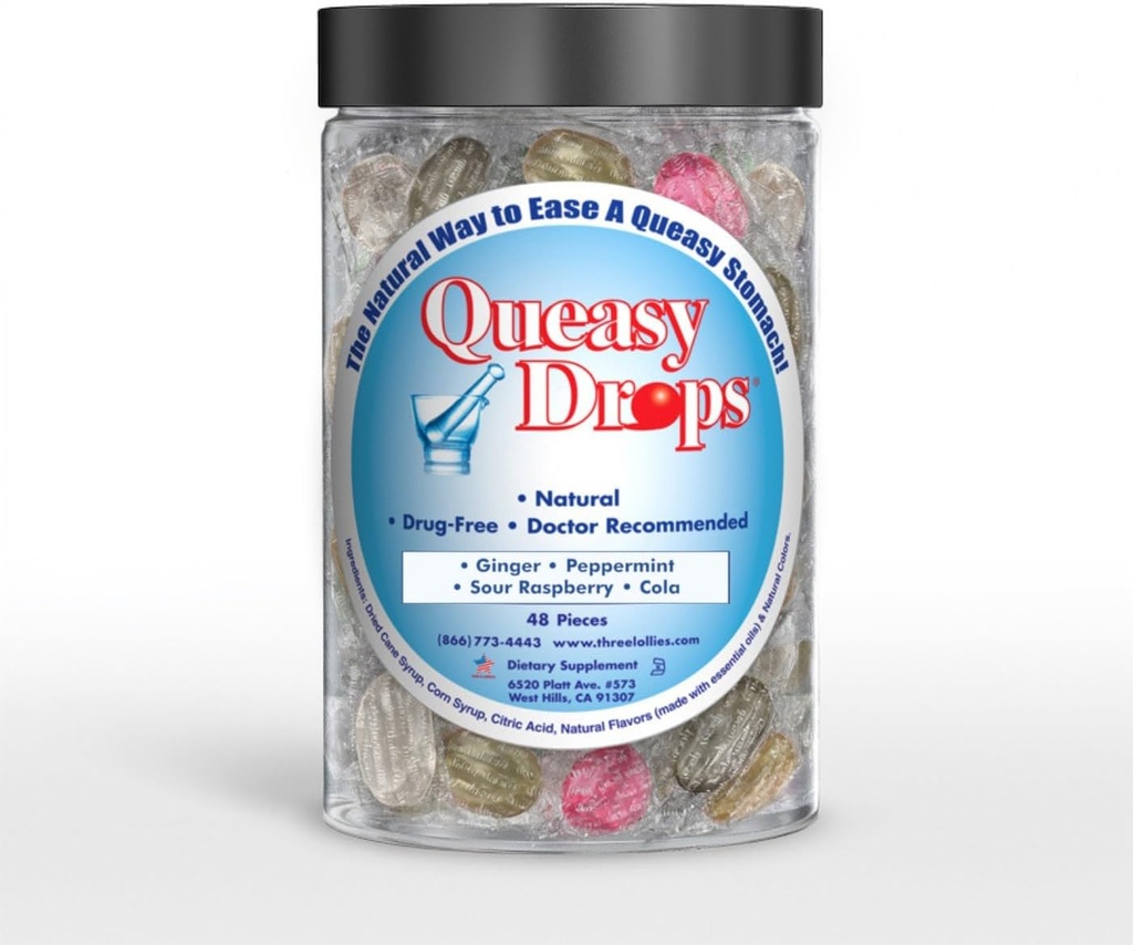 Trois Lollies Queasy Drops- soutient le soulagement de la maladie de mouvement. Aussi la grossesse et le soulagement de la maladie du matin. Drops de sevrage de l'estomac Assortiment 48 Compte