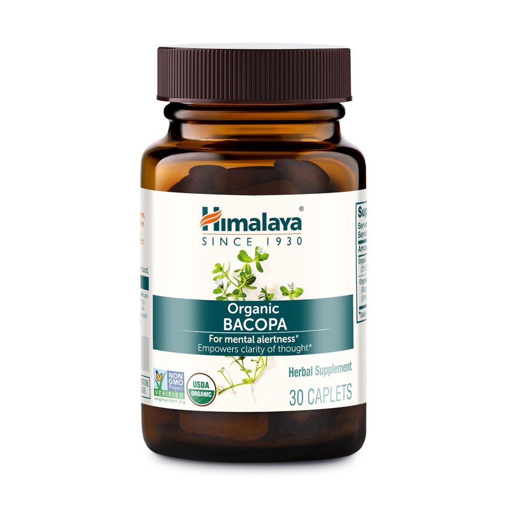 Bacopa biologique Himalaya - Bacopa Monnieri Herbal Cerveau Suppléments pour le soutien de la mémoire et de la focalisation - USDA Organic, Vegan, Non-OGM, Sans gluten, 750 mg, 30 Caplets