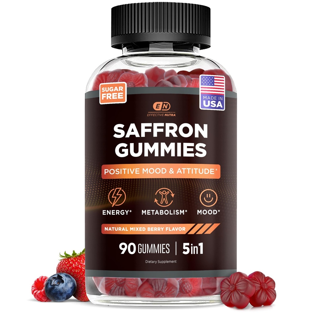 Effective Nutra Saffron Gummies for Adults 88.5mg - Mood Support & Stress Relief with GABA, Passion Flower - 5-in-1 Formula - Sugar-Free, Vegan, Non-GMO, Made in USA - 90 Count (45-Day Supply)