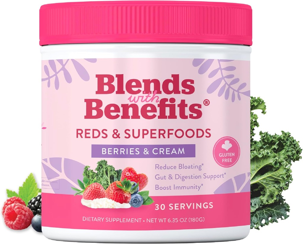 360 Mélanges nutritionnels avec avantages Rouges et superaliments pour les antioxydants naturels et les polyphénols, avec fruits et légumes, Probiotiques Digestion, énergie quotidienne - baies et crème - 30 portions