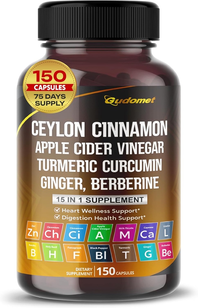 Ceylan Cinnamon pomme vinaigre de cidre Gingembre curcuma racine Berberine Gymnema sylvestre Lait Thistle réglisse -150 Capsules- Fabriqué aux États-Unis