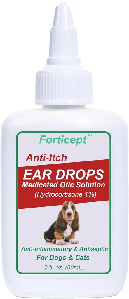 Traitement de l'infection à l'oreille des chiens et des chats Forticept, gouttes d'oreille des chiens avec 1 % d'hydrocortisone 2 oz