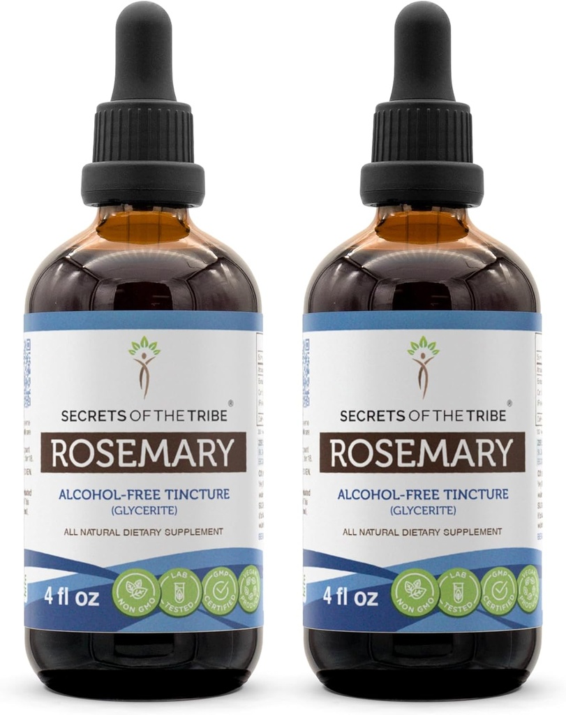 Secrets de l'extrait liquide sans alcool de la Tribe Rosemary (Rosmarinus Officinalis) Supplément de teinture de feuille séchée (2x4 FL OZ)