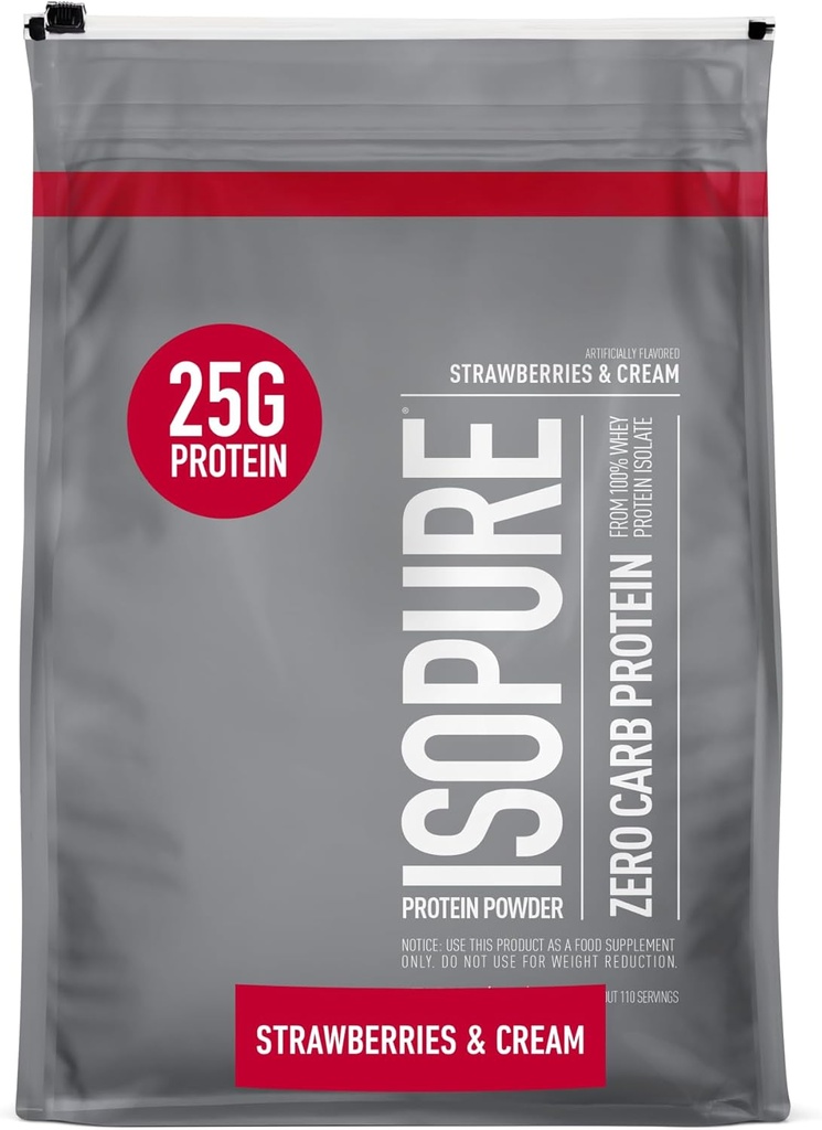 Isopure Zero Carb 100% pur poudre de protéines de lactosérum, sans gluten, avec vitamines, fraises et crème, 25g de protéines par portion, 7,5 Lb, 110 portions (paquetage mai vary)