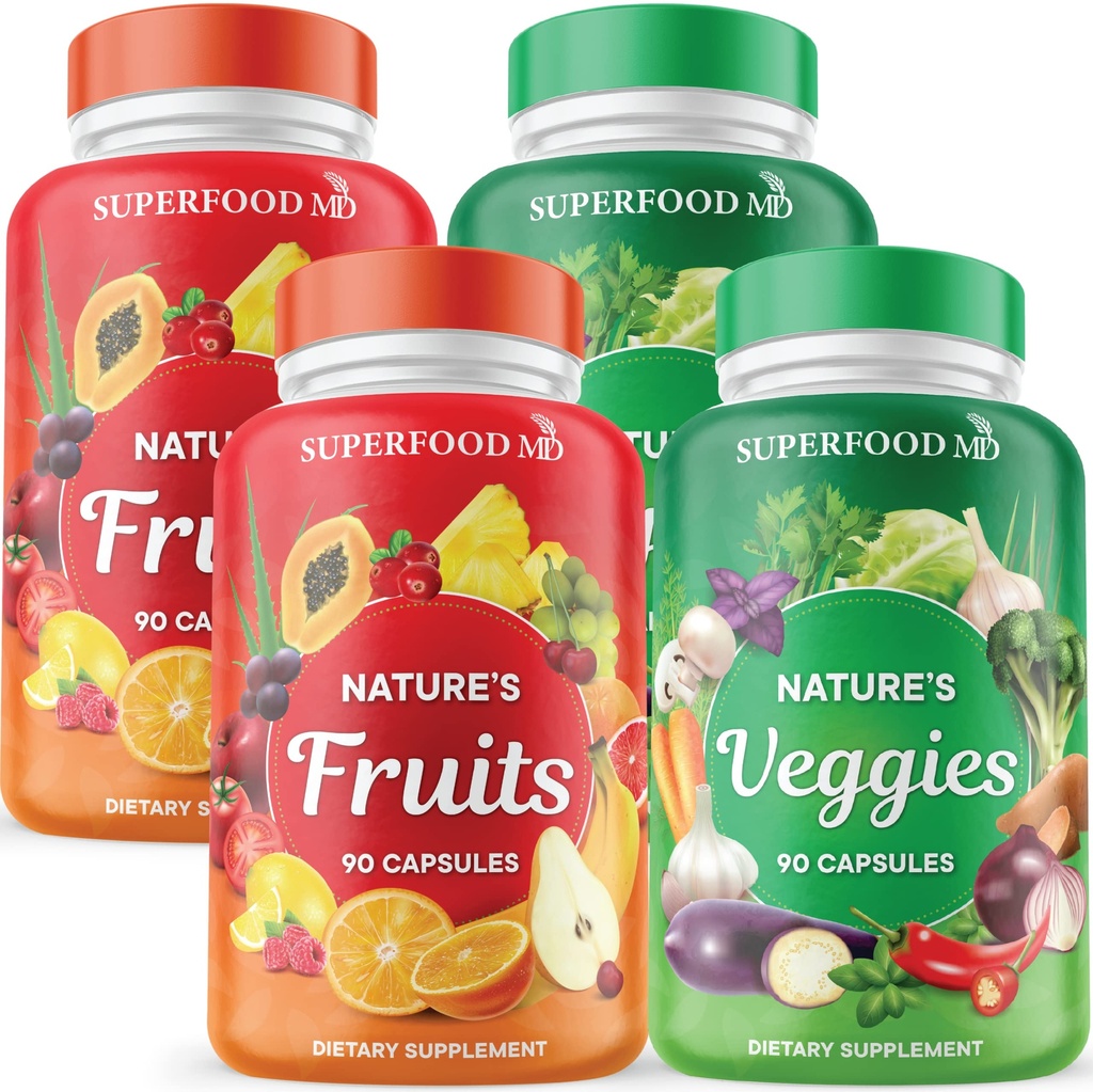 Superfood 180 Fruits et 180 Gélules de légumes - Superfoods naturels entiers - Maintenir les niveaux d'énergie, avec Aloe Vera - Sans soja (90 comtes (paquet de 4)