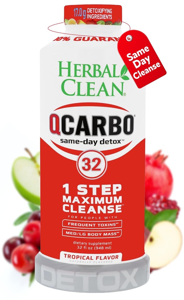 Nettoyant à base de plantes Qcarbo32 Boissons de désintoxication du même jour (32 fl oz) - Saveur tropicale Nettoyant complet du corps* Boissons de désintoxication pour le niveau modéré de toxines*, vitamine B2 et vitamine B12 pour les hommes et les femmes