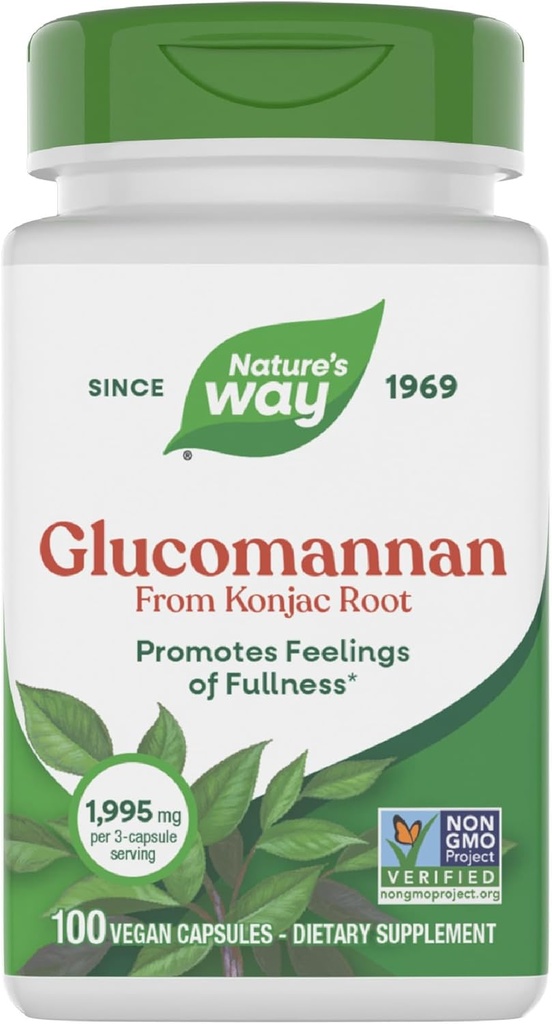 Nature's Way Glucomannan à base de plantes de Konjac Root Capsules, favorise les sentiments de plénitude*, 1 995 mg par portion de 3 capsules, projet non-OGM vérifié, végétalien, 100 capsules (paquetage May Vary)