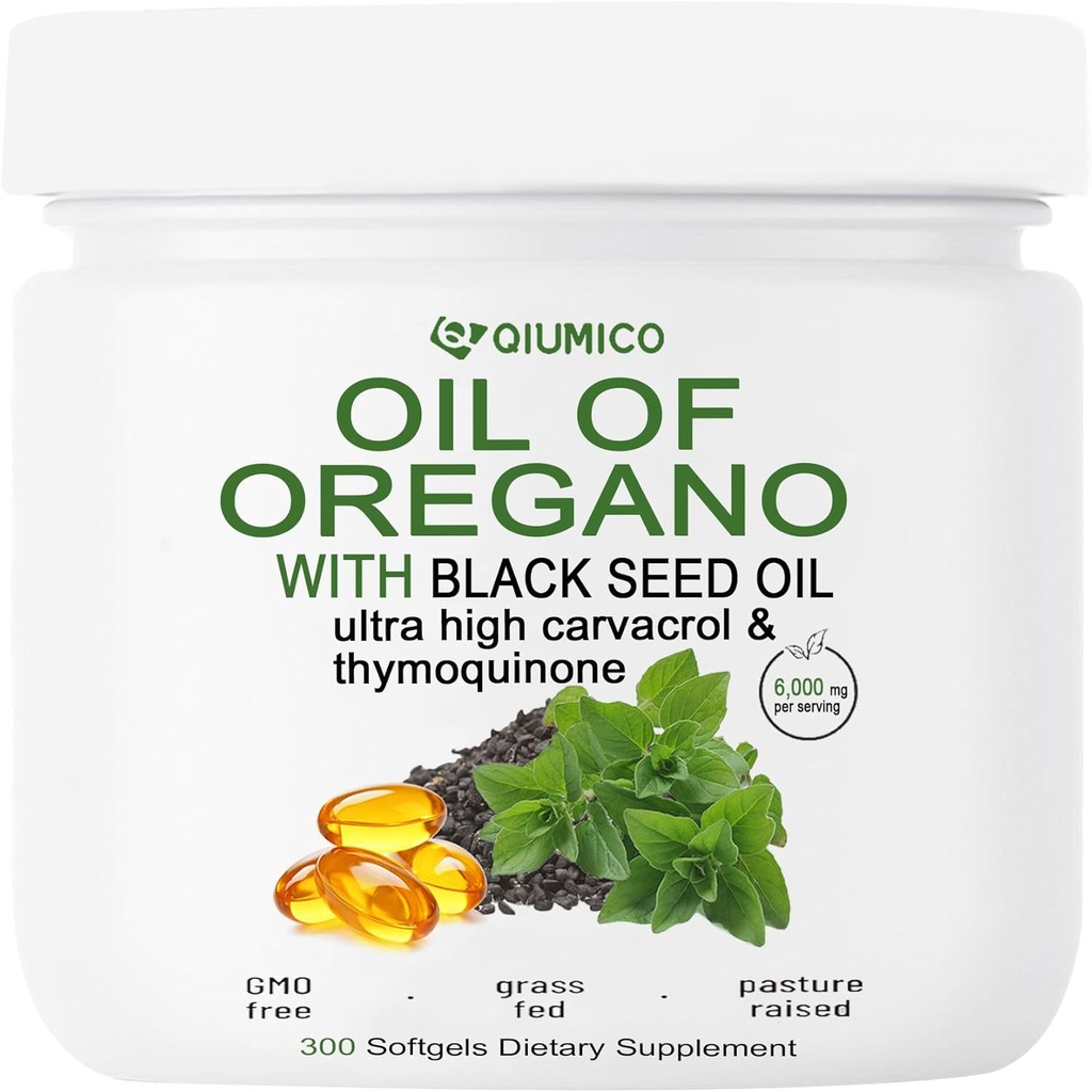 Huile d'Origan à l'huile de graines noires Softgels, Origan Capsules d'huile biologique, 2 en 1 6000mg Huile d'Origan à l'huile de graines noires 200mg, 300 Nombre