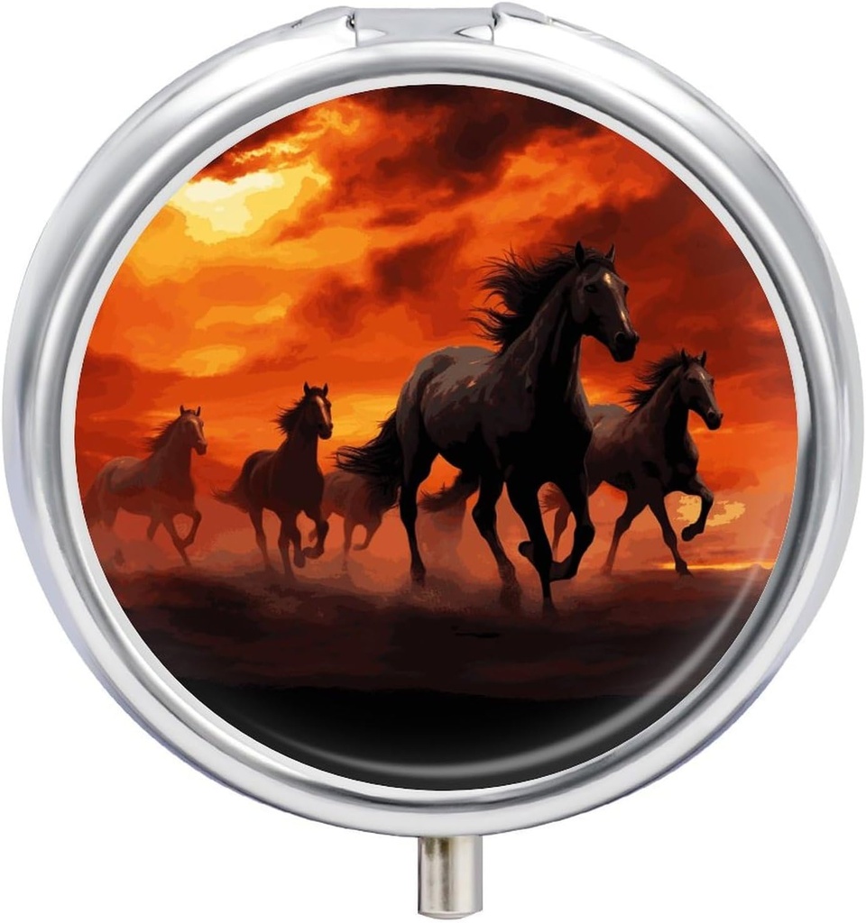 Chevaux Rouge Glowing Clouds Pill Box Rond Pill Box 3 Compartiment Pocket décoratif ou Purse Portable Travel Medicine Tablet Organisateur Pill Case for Purse Pocket Travel Gift