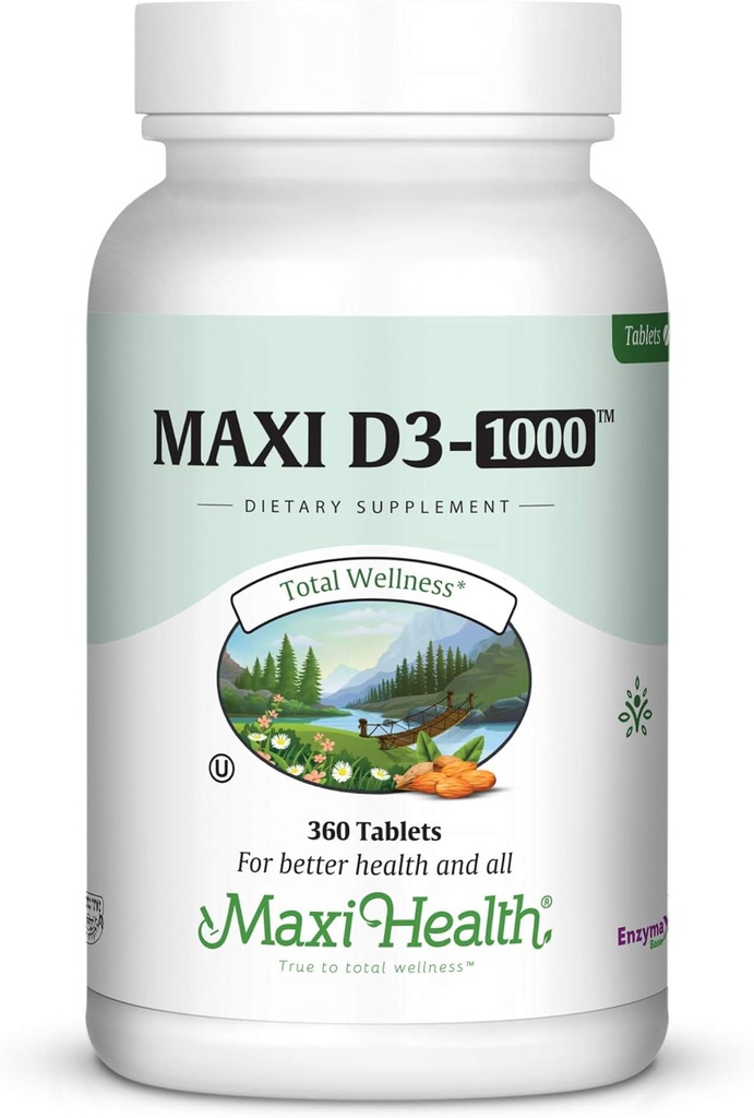 Maxi-Santé Vitamine D3 1000 UI - pour la fonction musculaire saine, la santé osseuse et le soutien immunitaire – 360 comprimés – Meilleur supplément casher pour les adultes
