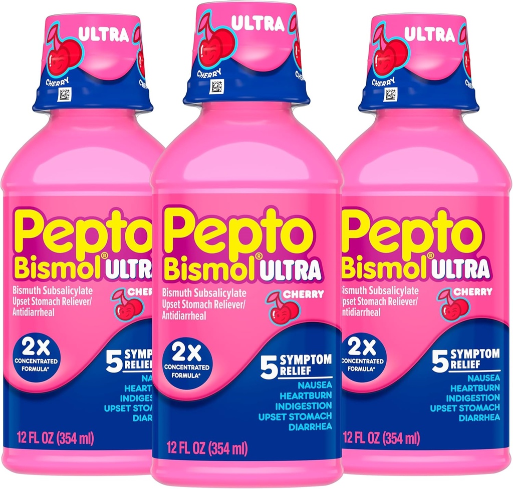 Pepto Bismol Liquid Ultra pour les nausées, les brûlures d'estomac, l'indigestion, l'estomac relevé et la diarrhée - 5 Symptom Fast Relief, Cherry Flavor 12 oz (paquet de 3)