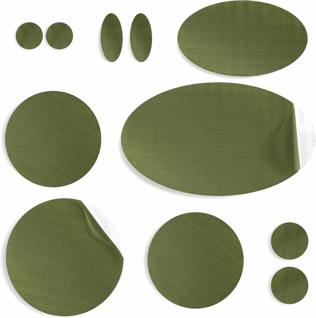 AZengear Patchs de réparation pour Vestes, Tente, orteil de chaussure, Matelas d'air, Gonflables, Équipement en PVC - Imperméable, Autocollant, Résistant à la chaleur à la circonférence, Revêtement de tampon (11 Pcs, Olive)