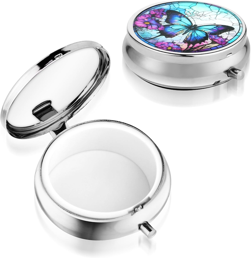 Sibba Portable Medicine Pill Case, Travel Multi-Functional Moisture Proof Pill Box for Purse & Pocket, Cute Metal Medicine Pill Organizer Box for Vitamins, Fish Oil & Supplements (Butterfly)