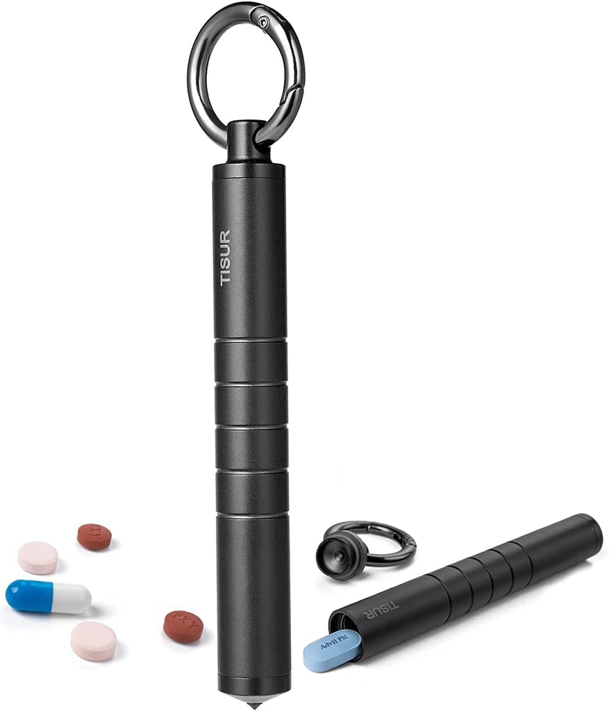 TISUR Petit organisateur de pilule métallique, porte-clés Titanium Pill Holder Travel Pill Box Case Multitool EDC tous les jours pour les hommes ( Titanium noir)