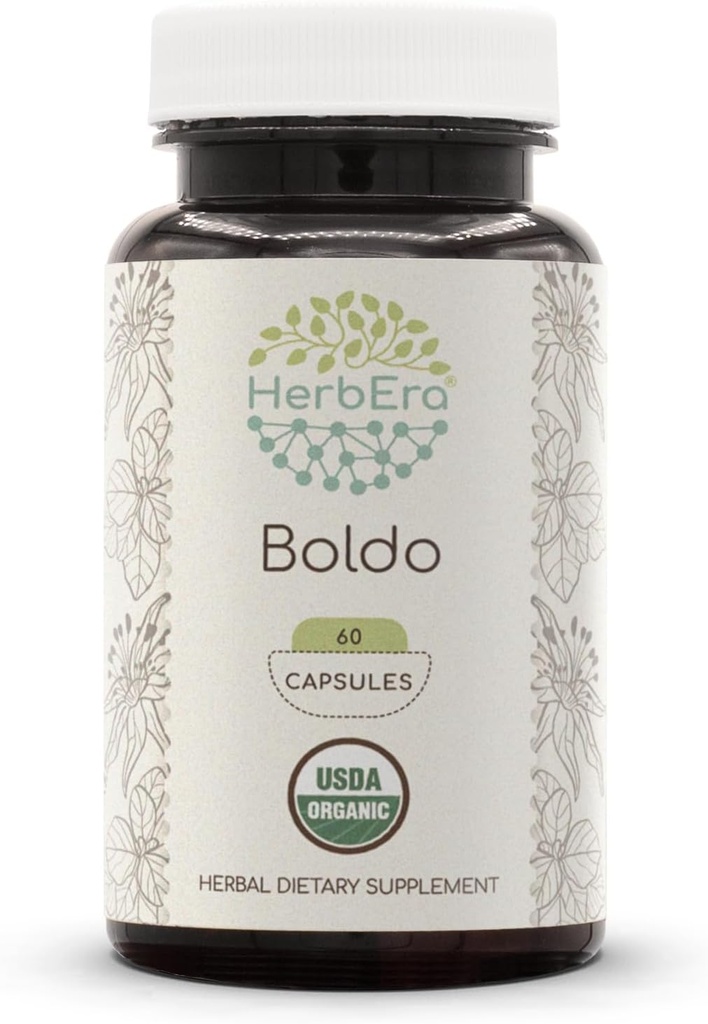 HerbEra Boldo USDA Organic 60 Capsules | Natural Herbal Supplement | Certified Organic Vegetarian Capsules and Organic Boldo (Peumus boldus) Dried Leaf (60 Capsules)