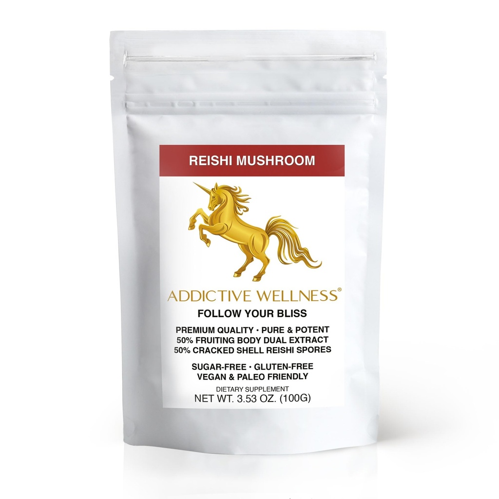 Addictive Wellness Reishi Mushroom Extract Powder + Spores (50/50 Blend) Bois cultivé Pure & Potent Wildcrafted Ganoderma (100 grammes)