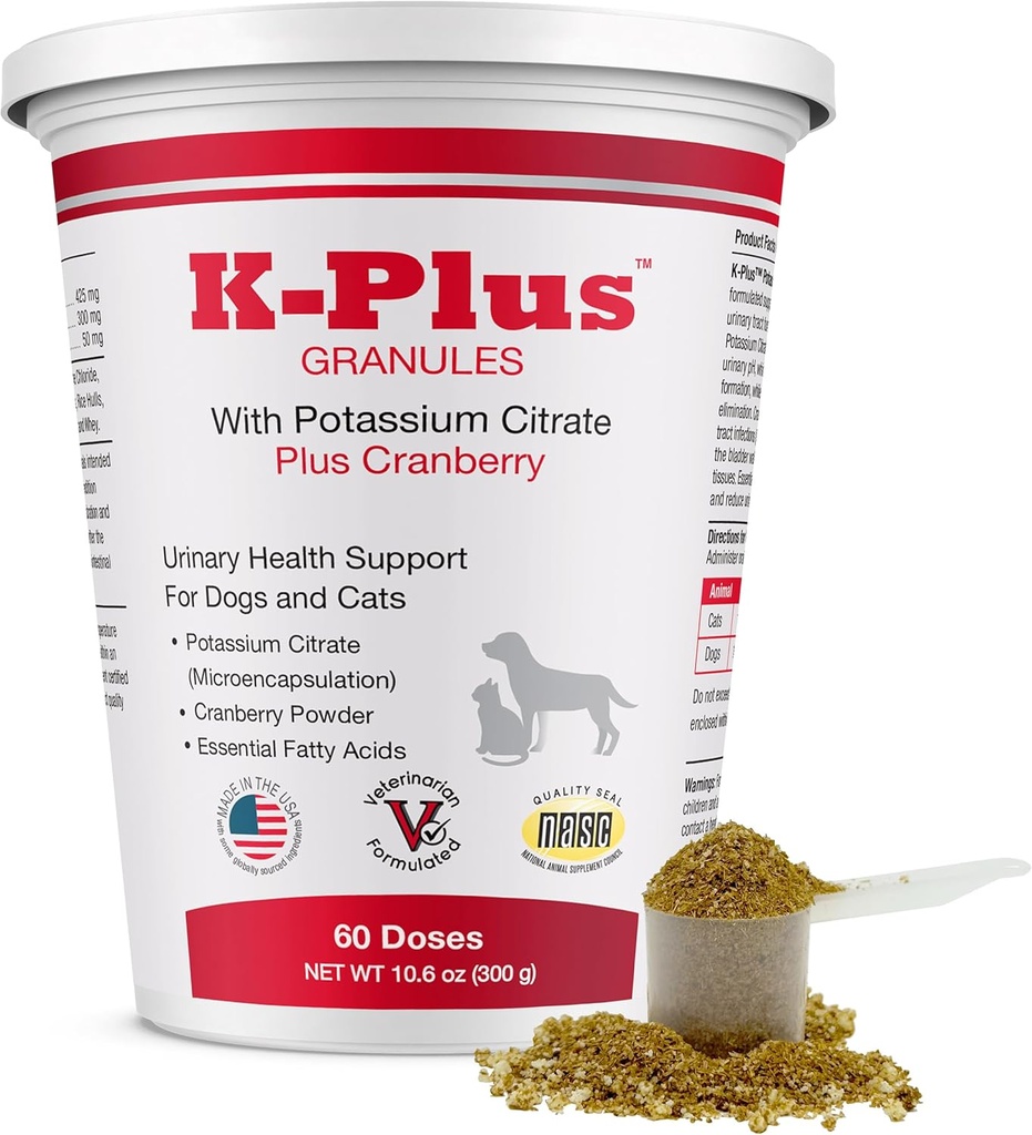 Citrate de potassium K-Plus + Granules de canneberges pour chiens et chats – Soutien à la santé UTI et Bladder approuvé par les vétérinaires – Aide à maintenir l'équilibre urinaire et la fonction rénale – Granules faciles à utiliser – 60 doses