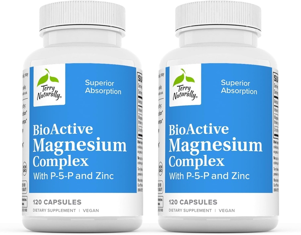 Terry Naturally BioActive Magnésium Complex - Bone & Heart Health Support - Supplément à la vitamine B6, Zinc & Magnésium - Pyridoxal-5-Phosphate Vegan Capsule Supplément - 120 Capsules (Pack of 2)
