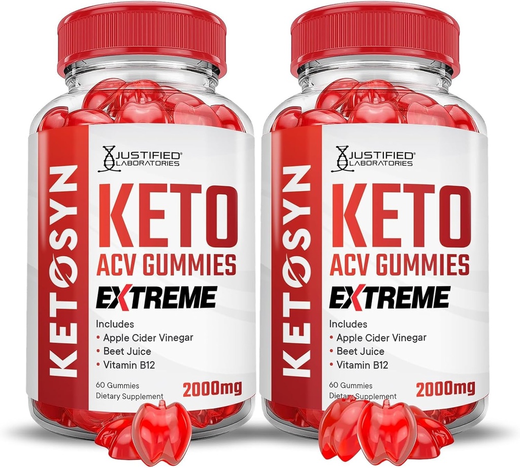 Laboratoires justifiés (2 Pack Ketosyn Keto ACV Gummies Extreme 2000MG Ketosyn Keto Gummies vinaigre de cidre de pomme préparé avec du jus de betterave de grenade en poudre B12 Vegan Non OGM 120 Gummys