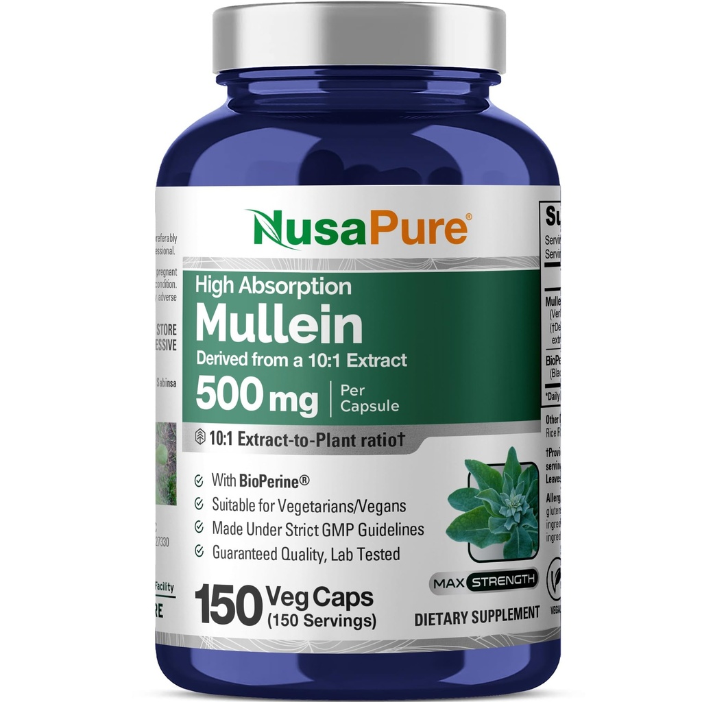 NusaPure Mullein Leaf Capsules 10:1 Extrait, 500 mg équivalent à 5 000 mg par Veggie Caps - 150 Compte - Verbascum Thapsus (non-OGM, végétalien) Supplément alimentaire