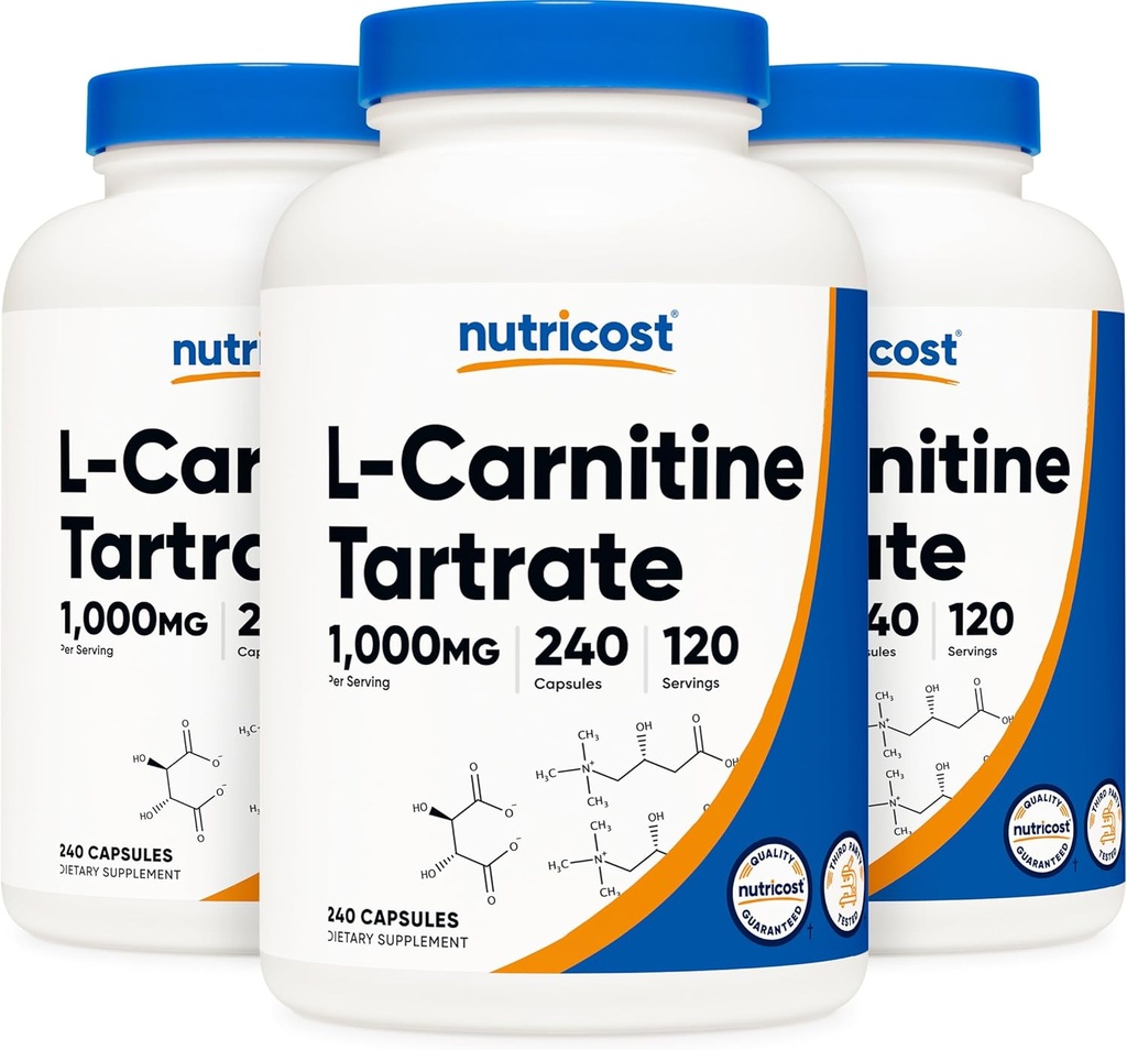Tartrate de L-Carnitine Nutricost 500mg, 240 capsules - 1000mg par portion (3 bouteilles)