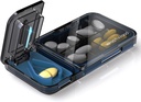 Organisateur de pilules de voyage avec Splitter Pill, 4 compartiments Cas de pilule, petite boîte à pilules pour la purée de poche, contenant quotidien de pilules pour tenir les vitamines suppléments d'huile de foie de morue, planificateur de médicaments (noir)