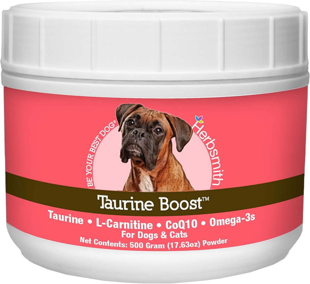 Herbsmith Taurine Boost - Soutien cardiaque et cardiaque pour les chiens et les chats - Supplément Taurine pour la santé cardiaque des chiens et des chats – avec CoQ10, Taurine et L-Carnitine pour les chiens - 500g