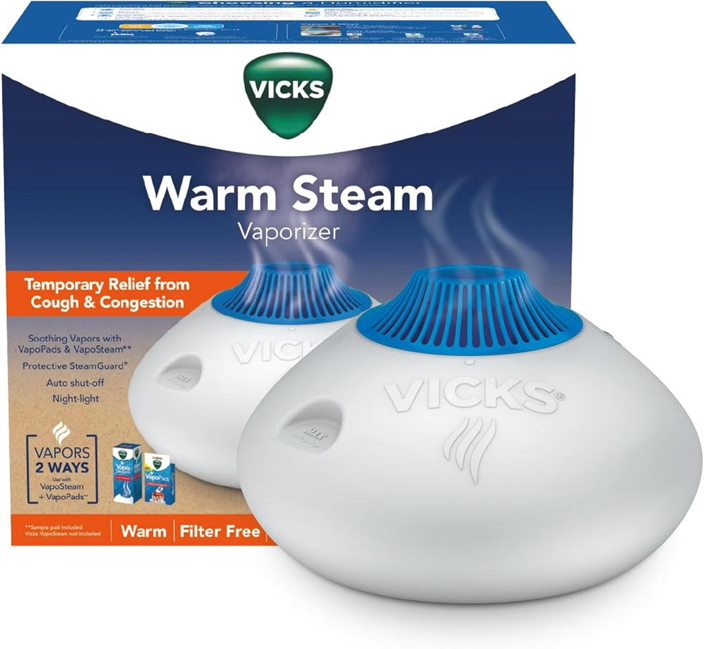Vicks Vaporisateur à vapeur chaud, chambres petites à moyennes, réservoir de 1,5 Gallon – Humidificateur de brume chaude pour les chambres pour bébés et enfants avec lumière de nuit, fonctionne avec Vicks VapoPads et VapoSteam