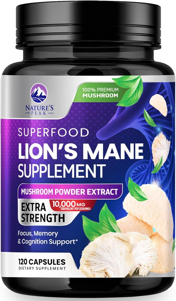 Lions Mane Mushroom Capsules 10,000mg - Lion’s Mane Supplement Capsules for Memory and Focus Support, Brain, Immune Health Support, Vegan, Bottled in USA, Lions Mane Mushroom Powder Extract, 120 Count