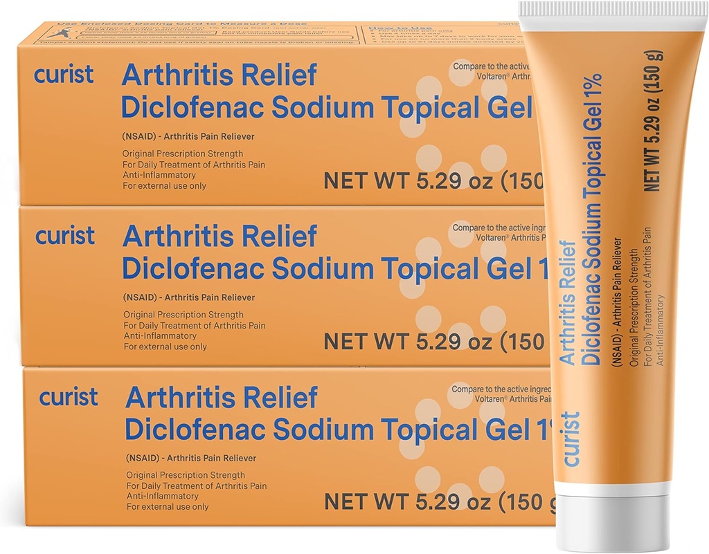 Curist Diclofenac Gel crème d'arthrite 1% (3 Tubes de 150g)- Arrêter la douleur dans les poignets, les pieds, les elbows et les chevilles. Arthrite des mains Soulagement de la douleur et de l'arthrite du genou Soulagement de la douleur (3 paquets, 5,29 oz, etc.)
