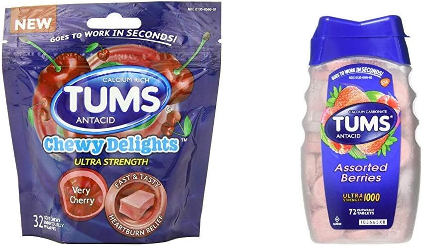 Tums Chewy Délices doux Chews, très cerise, 32count & Tums Ultra Strength 1000 antiacide, baies assorties, 72 comprimés