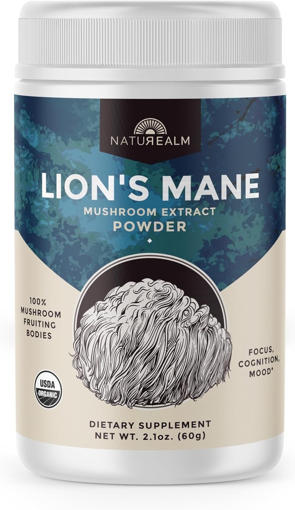 Naturealm Lion's Mane Mushroom Powder - Soutien biologique du cerveau pour la mémoire focale Clarté mentale - Fonction cognitive non OGM - 60 portions