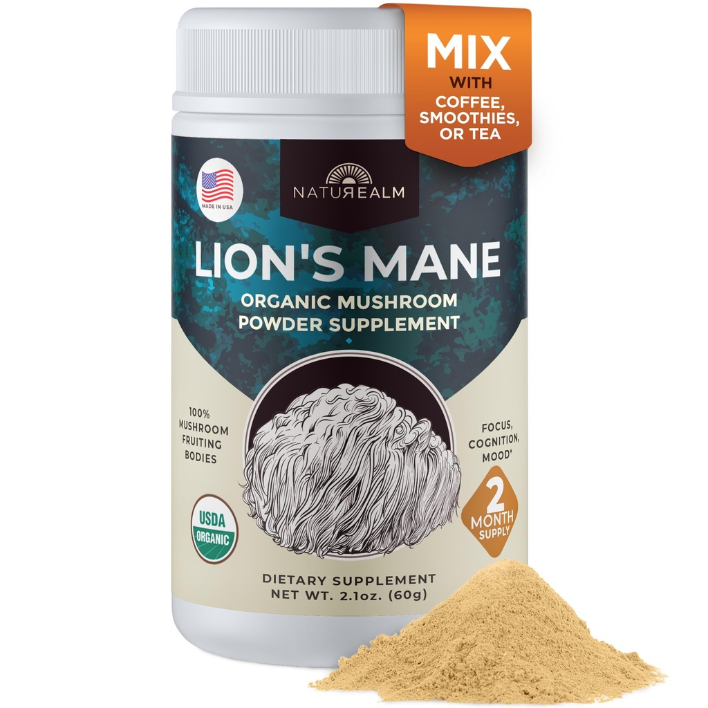 Naturealm Lion's Mane Mushroom Powder - Soutien biologique du cerveau pour la mémoire focale Clarté mentale - Fonction cognitive non OGM - 60 portions