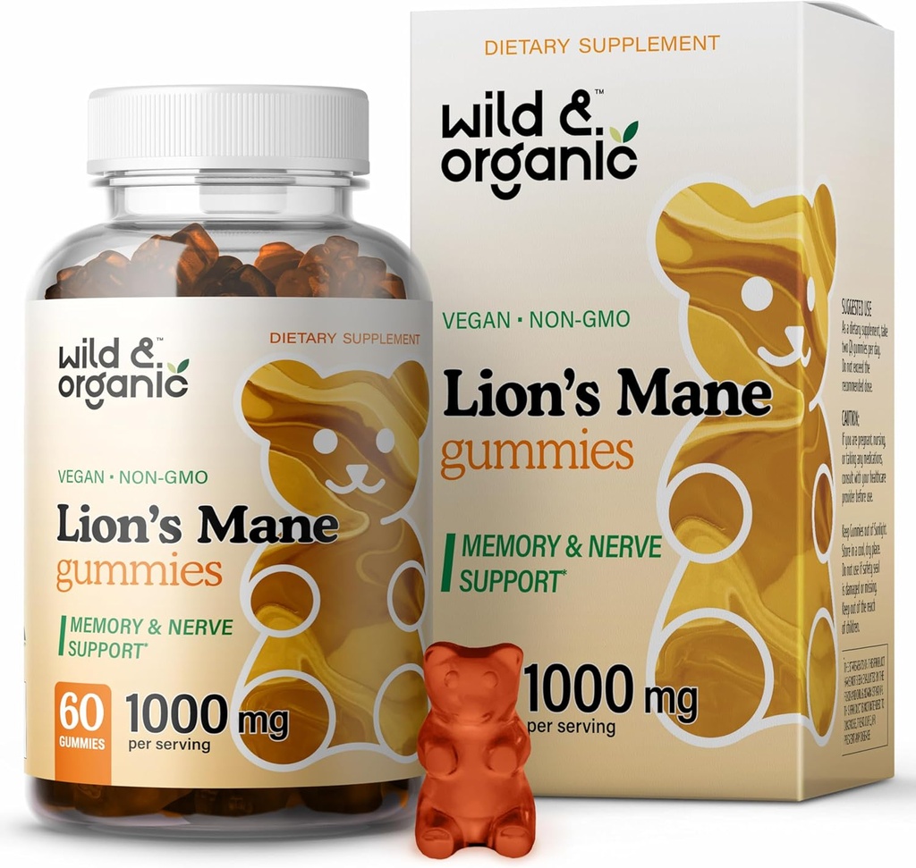 Lions sauvages et biologiques Mane Mushroom Gummies 1000mg - Supplément de champignons de Lion naturel Gummies - 60 Chews pour Focus et soutien énergétique du cerveau - végétalien, non-OGM