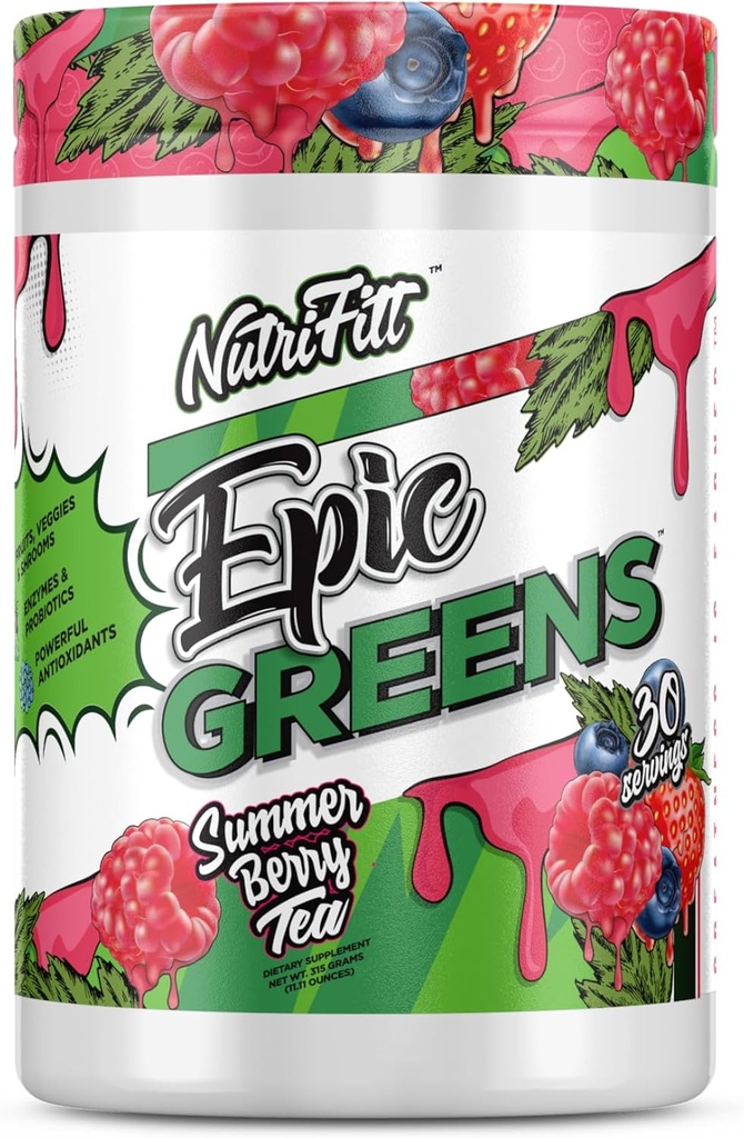 NutriFitt Verts épiques, emballés avec des antioxydants, des fruits, des légumes et des champignons, Boost Performance, Rapid Up Recovery (30 portions, thé de baie d'été)