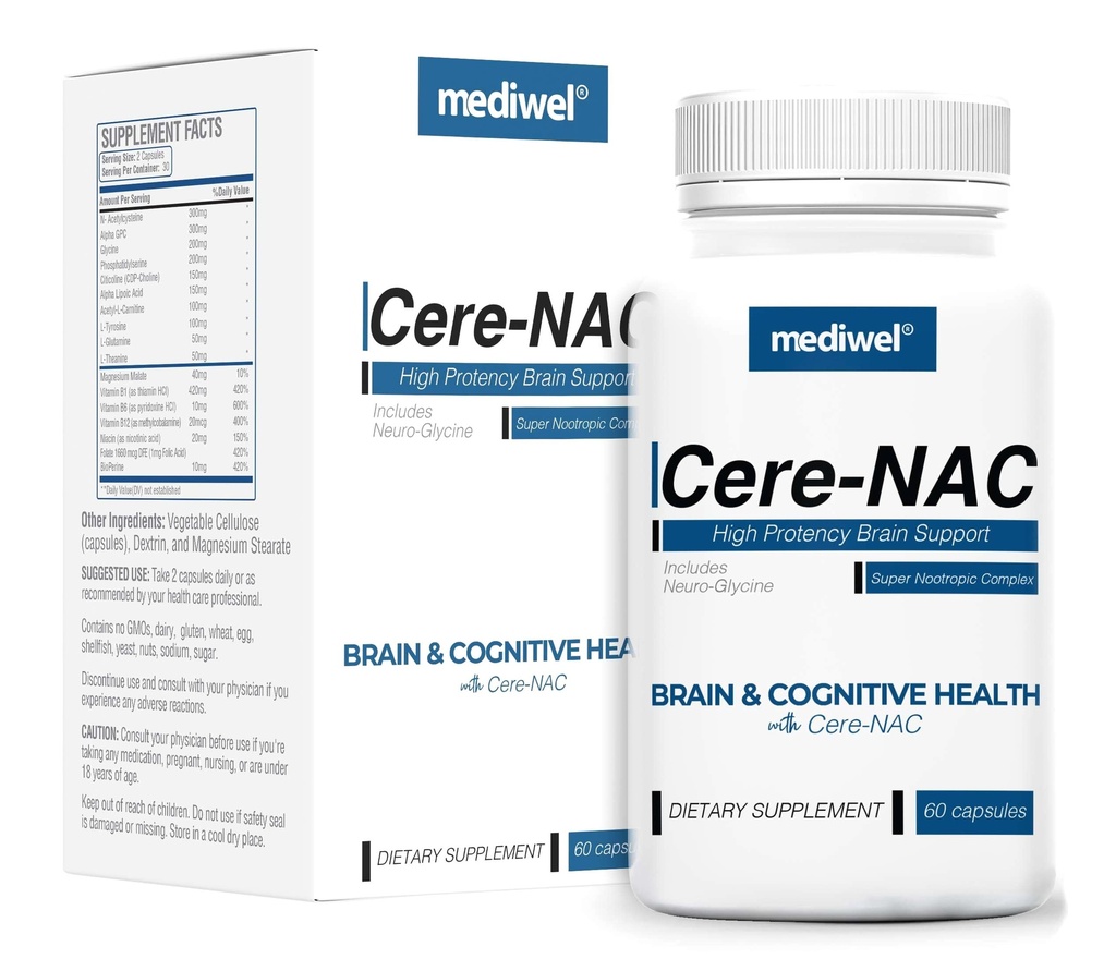 Supplément Cerveau avancé Cere-NAC - Soutien à la clarté cognitive et mentale - NAC, Glycine, Alpha GPC, Citicoline, L-Theanine, Phosphatidylsérine, B Vitamines, Alpha acide lipoïque - Fabriqué aux États-Unis