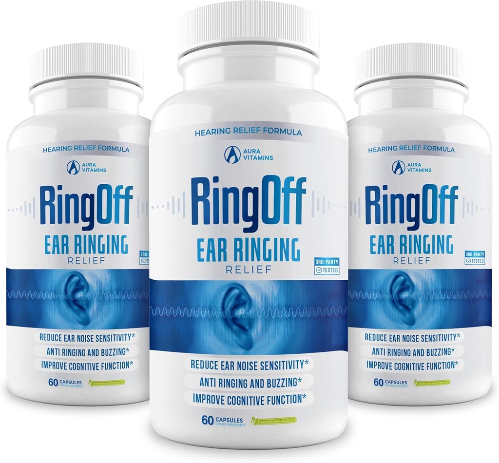 Ring Off (180 bouchons) – Acouphène Relief pour les oreilles qui sonnent, Acouphène clair Relief pour les oreilles qui se taisent & Restaurer la paix intérieure, Ginkgo Biloba, Zinc Picolinate & More – Soutien efficace de la santé auditive