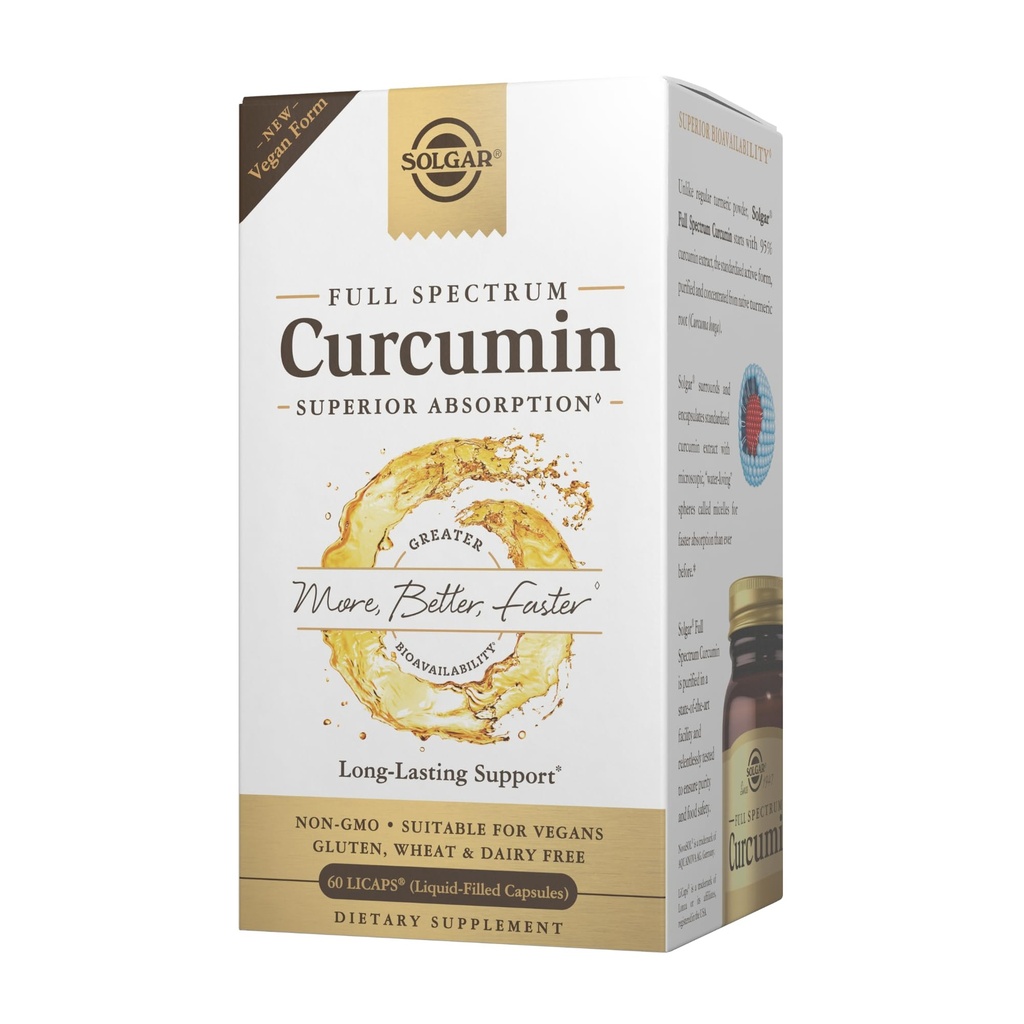Curcumine de spectre complet de Solgar - 60 LiCaps - Absorption supérieure - Santé cérébrale, articulaire et immunitaire - Non-OGM, végétalien, sans gluten, sans lait - 60 portions
