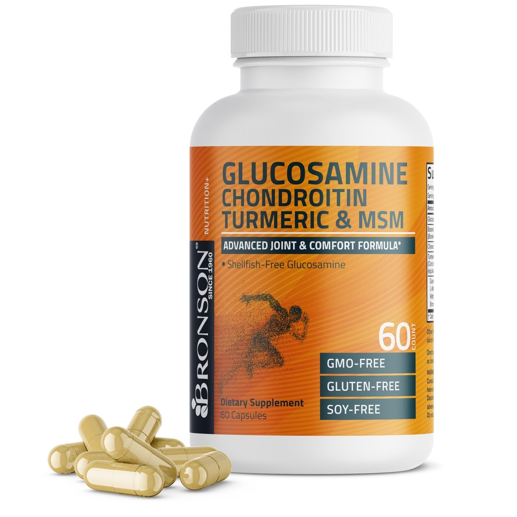Bronson Glucosamine Chondritine Turmeric & MSM Advanced Joint & Cartilage Formula, soutient les articulations saines, la mobilité et le cartilage - non-OGM, 60 capsules