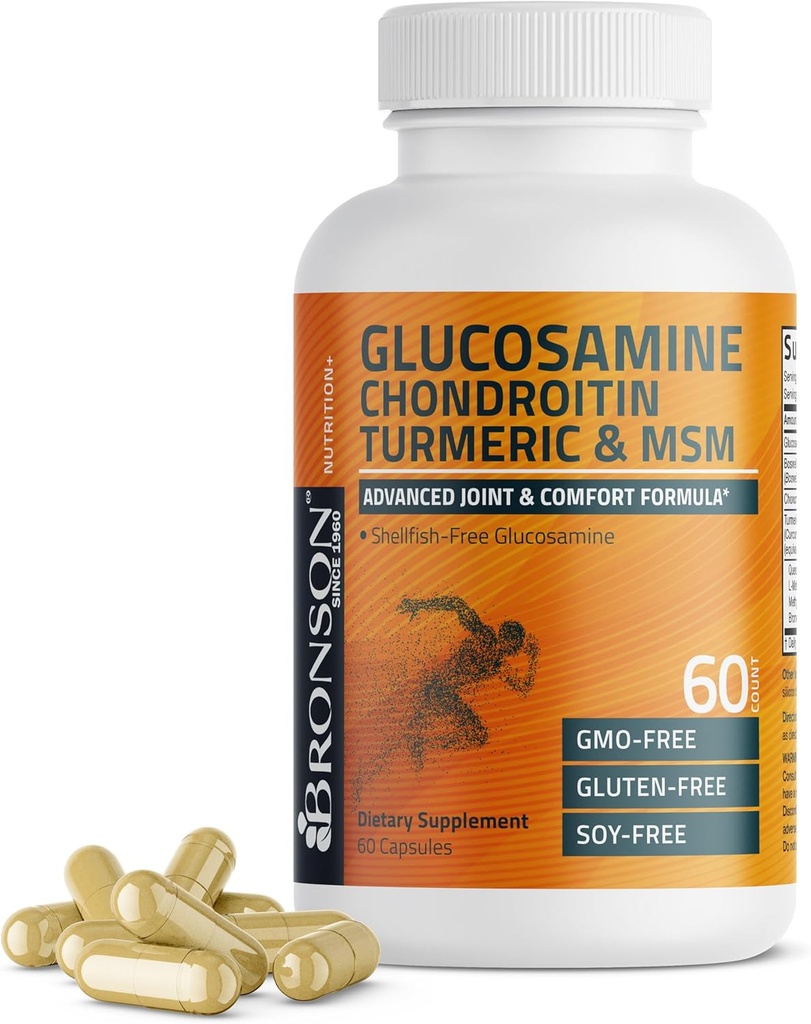 Bronson Glucosamine Chondritine Turmeric & MSM Formule avancée de joint & cartilage, soutient des articulations saines, mobilité & cartilage - Non-OGM, 60 capsules