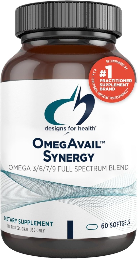 Designs for Health OmegAvail Synergy - Omega Complex for Adults - Omega 3-6-7-9 Acides gras de l'huile de brage et de macadamia + Triglycéride (TG) Huile de poisson avec DHA & EPA (60 Softgels)