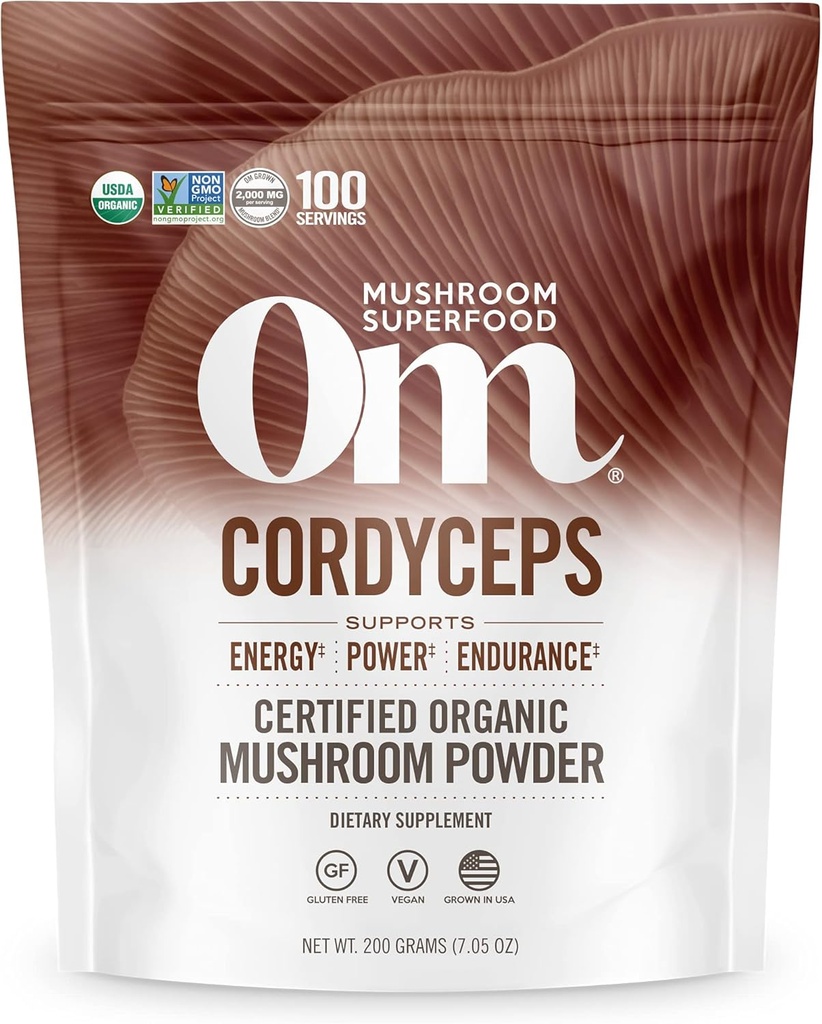 Poudre de Cordyceps de champignons de l'OM 7,05 oz (100 portions) – Organique, végétalien, non-OGM, sans gluten – Soutien en énergie, endurance et endurance – Superfood adaptogène pour le sport, la performance, les smoothies et le thé
