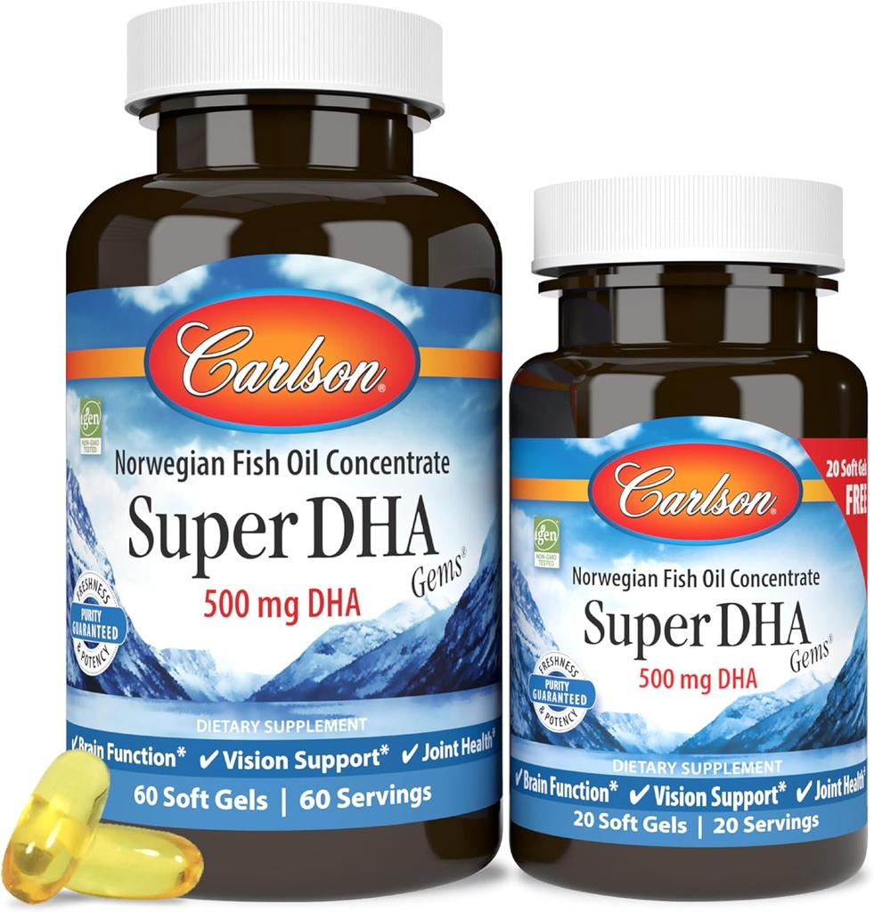 Carlson - Super DHA Gems, 500 mg DHA Suppléments, 640 mg Acides gras, concentré d'huile de poisson de l'Arctique norvégien, capsules d'huile de poisson nordique, 60+20 Softgels