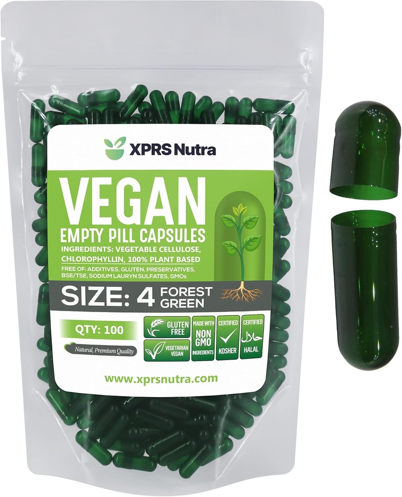 XPRS Nutra Taille 4 Capsules vides - 100 Compter Capsules Vegan vides petites - Bricolage Gélule végétale Remplissage - Remplir Do-I-Youggie Pill Caps pour Suppléments (Vert Forest)