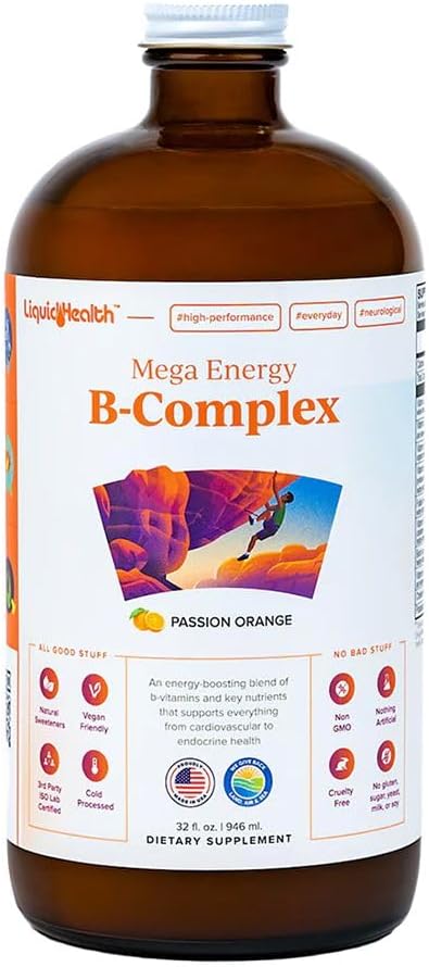 LIQUIDHEALTH Mega énergie Méthylated B-Complex, supplément de vitamine liquide pour adultes - Augmenter l'énergie, soulager le stress et la fatigue, le soutien immunitaire, le coeur et la santé Gut - Fabriqué aux États-Unis, végétalien, sans sucre (32 oz)