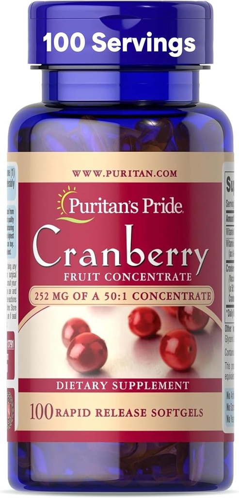 Puritan's Pride Premium Cranberry Fruit Concentrate 252mg (12600mg équivalent) avec les vitamines C et E, supplément alimentaire pour le système immunitaire support, 100 softgels à libération rapide