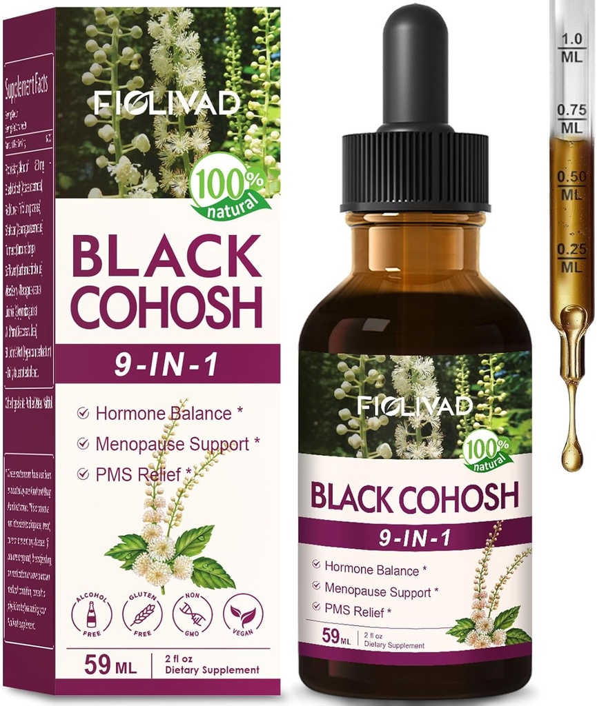100 % de gouttes à base de plantes naturelles, extrait de coho noir pour équilibre hormonal, soutien à la ménopause et soulagement du SPM. 2oz
